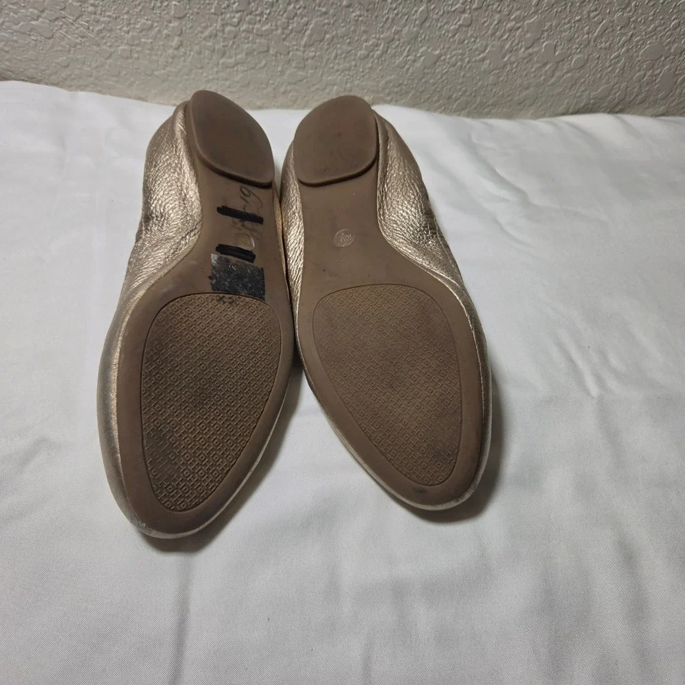 Tory Burch Minnie Travel Ballet Flats Metallic Gold Pebbled Leather Logo 10M